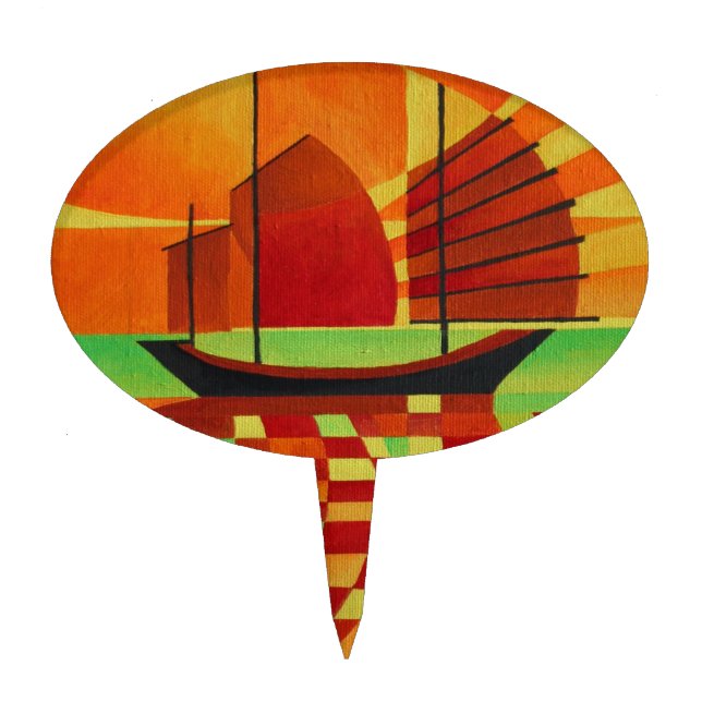 Junk on Sea of Green Cubist Abstract Cake Topper (Front)