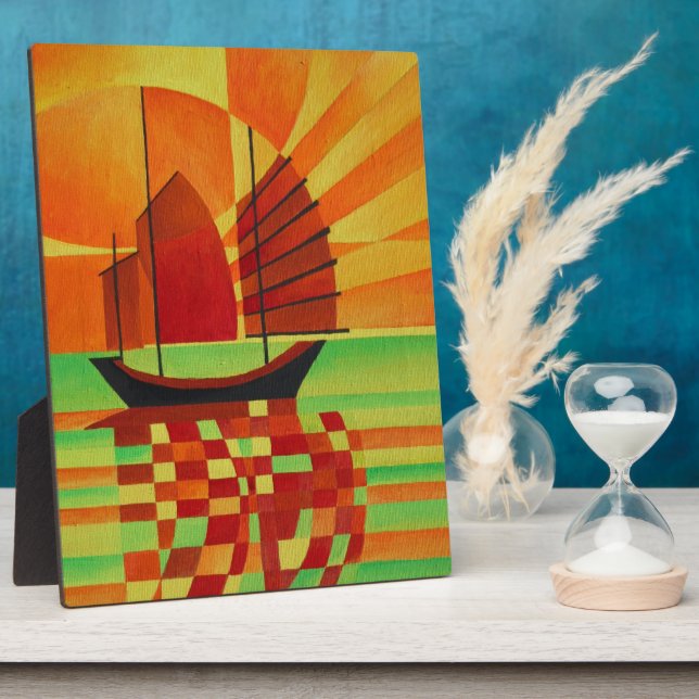Junk on Sea of Green Cubist Abstract Plaque (Side)