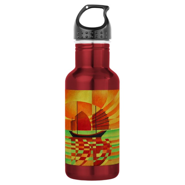 Junk on Sea of Green Cubist Abstract Water Bottle (Front)