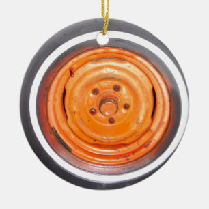 Junk Yard vintage Wheel, orange black and white Ceramic Ornament