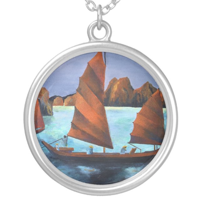 Junks In The Descending Dragon Bay Silver Plated Necklace (Front)
