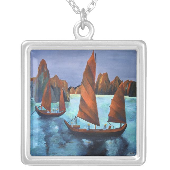 Junks In The Descending Dragon Bay Silver Plated Necklace (Front)