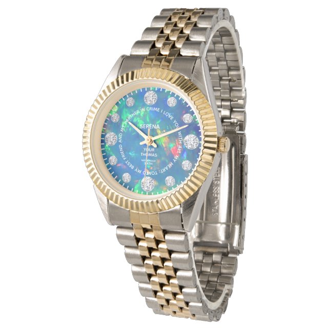 Jupiter Blue Fire Opal Diamond Custom Saying Dial Watch (Angled)
