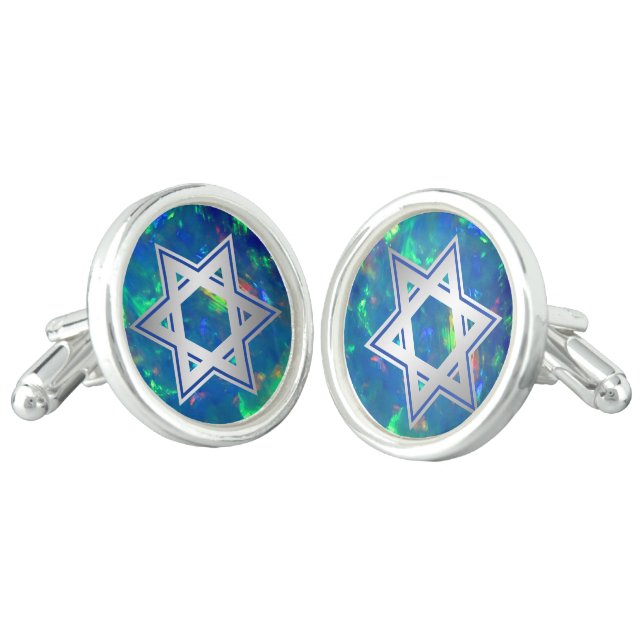 Jupiter Blue Sea Fire Opal Silver Star of David Cufflinks (Angled)