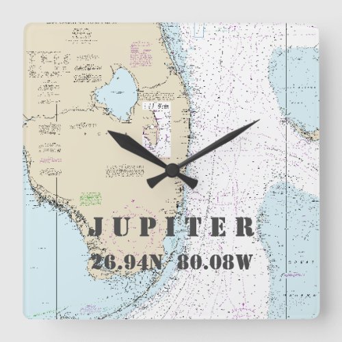 Jupiter FL Latitude Longitude Nautical Chart Square Wall Clock