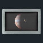 Jupiter Gas Giant Planet & Io Galilean Moon Belt Buckle<br><div class="desc">This captivating image, a composite of spacecraft data, showcases the contrasting landscapes of Jupiter and its volcanic moon Io. Captured by New Horizons during its 2007 flyby, the giant gas planet Jupiter dominates the scene. Its swirling atmosphere is rendered in a mesmerizing infrared palette, highlighting the variations in cloud altitude...</div>