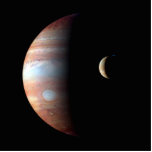 Jupiter Gas Giant Planet & Io Galilean Moon Cutout<br><div class="desc">This captivating image, a composite of spacecraft data, showcases the contrasting landscapes of Jupiter and its volcanic moon Io. Captured by New Horizons during its 2007 flyby, the giant gas planet Jupiter dominates the scene. Its swirling atmosphere is rendered in a mesmerizing infrared palette, highlighting the variations in cloud altitude...</div>