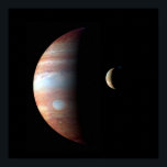 Jupiter Gas Giant Planet & Io Galilean Moon Poster<br><div class="desc">This captivating image, a composite of spacecraft data, showcases the contrasting landscapes of Jupiter and its volcanic moon Io. Captured by New Horizons during its 2007 flyby, the giant gas planet Jupiter dominates the scene. Its swirling atmosphere is rendered in a mesmerizing infrared palette, highlighting the variations in cloud altitude...</div>