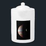 Jupiter Gas Giant Planet & Io Galilean Moon Teapot<br><div class="desc">This captivating image, a composite of spacecraft data, showcases the contrasting landscapes of Jupiter and its volcanic moon Io. Captured by New Horizons during its 2007 flyby, the giant gas planet Jupiter dominates the scene. Its swirling atmosphere is rendered in a mesmerizing infrared palette, highlighting the variations in cloud altitude...</div>