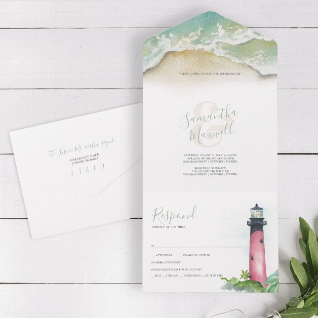 Jupiter Lighthouse Beach Wedding In Florida All In One Invitation (All in one beach wedding invitation ocean and lighthouse watercolor art by Victoria Grigaliunas)