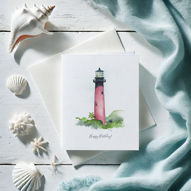 Jupiter Lighthouse Birthday Card (Birthday cards beach watercolor Jupiter Lighthouse art by Victoria Grigaliunas Do Tell A Belle)