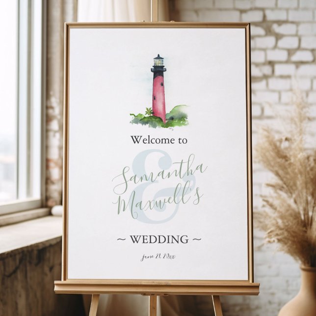 Jupiter Lighthouse Watercolor Wedding Welcome Sign (Jupiter lighthouse wedding welcome sign features unique watercolor art by Victoria Grigaliunas )