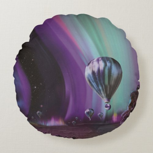 Jupiter Travel by Hot Air Balloon Bighty Auroras Round Pillow