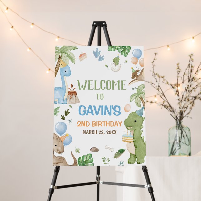 Jurassic Cute Dinosaur Birthday Party Welcome Sign (In Situ (Stand))