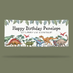 Jurassic Dinosaurs Birthday Banner<br><div class="desc">Jurassic themed birthday party banner featuring a white background that can be changed to any color,   jungle green foliage,  a collection of watercolor dinosaurs,  and a kids birthday celebration text template that is easy to personalize.</div>