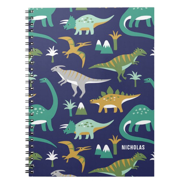 Jurassic Green BLUE Dinosaur Pattern with Kid Name Notebook (Front)