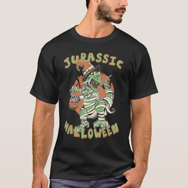 Jurassic Halloween TRex Dinosaur mummy with Pumpki T-Shirt (Front)
