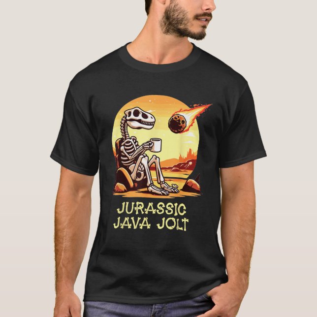 Jurassic Java Jolt Coffee Dinosaur Skeleton Meteor T-Shirt (Front)