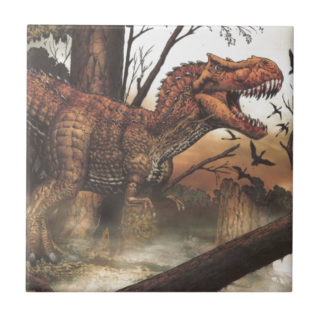 Jurassic Journey: Dinosaur in its Natural Habitat Ceramic Tile (Front)