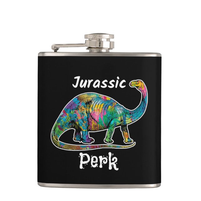 Jurassic Perk Colorful Dinosaur Black Flask (Front)