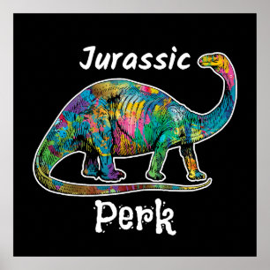 Jurassic Perk Colorful Dinosaur Black Poster