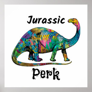 Jurassic Perk Colorful Dinosaur White Poster