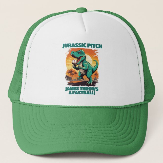 Jurassic Pitch Personalized Kids Baseball  Trucker Hat (Front)