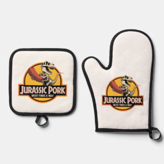 Jurassic Pork - BBQ Humor oven gloves Mitt & Pot Holder Set