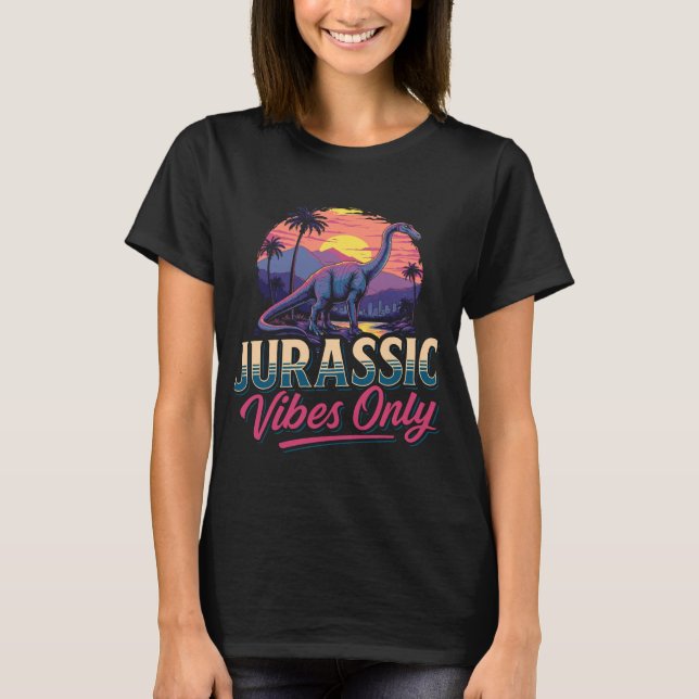 Jurassic Vibes Only Dinosaur Retro Sunset T-Shirt (Front)