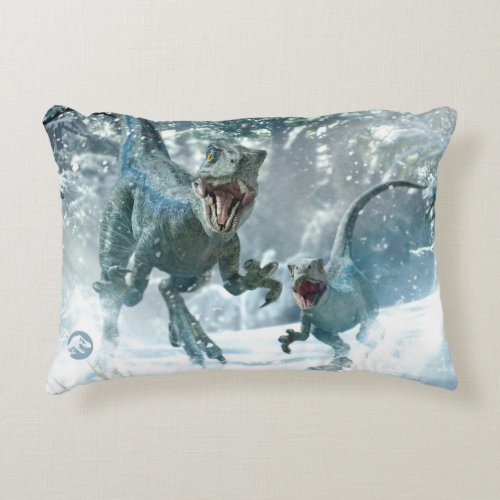 Jurassic World  Blue  Beta in Snowy Forest Accent Pillow