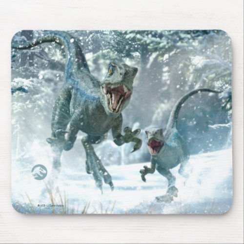 Jurassic World  Blue  Beta in Snowy Forest Mouse Pad