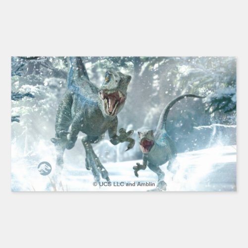 Jurassic World  Blue  Beta in Snowy Forest Rectangular Sticker