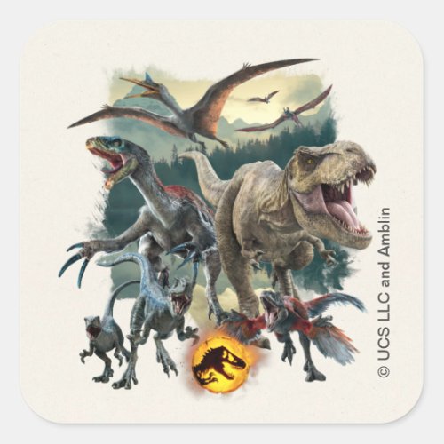 Jurassic World  Dinosaurs Emerging From Forest Square Sticker
