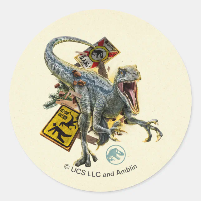 Jurassic World Velociraptor Blue Signs Graphic Classic Round Sticker Zazzle 