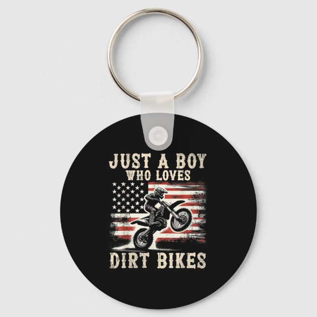 Just A Boy Who Loves Dirt Bikes American Flag Moto Keychain (Front)