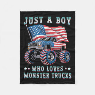 Just A Boy Who Loves Monster Trucks American Flag Fleece Blanket
