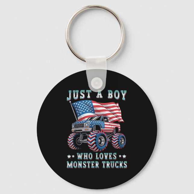 Just A Boy Who Loves Monster Trucks American Flag  Keychain (Front)