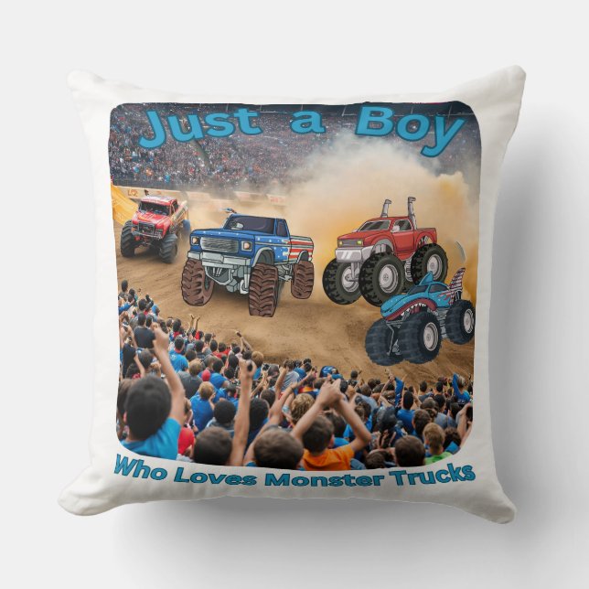 Just a Boy who Loves Monster Trucks Throw Pillow (Front)