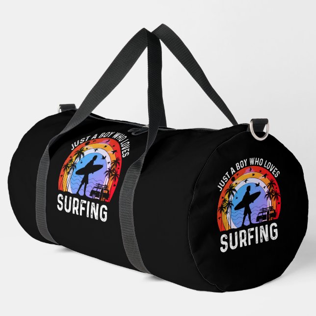 Just a Boy Who Loves Surfing Duffle Bag (Left Corner)
