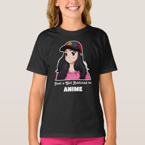 Just a Girl Addicted to Anime  Pink and Black T_S T_Shirt