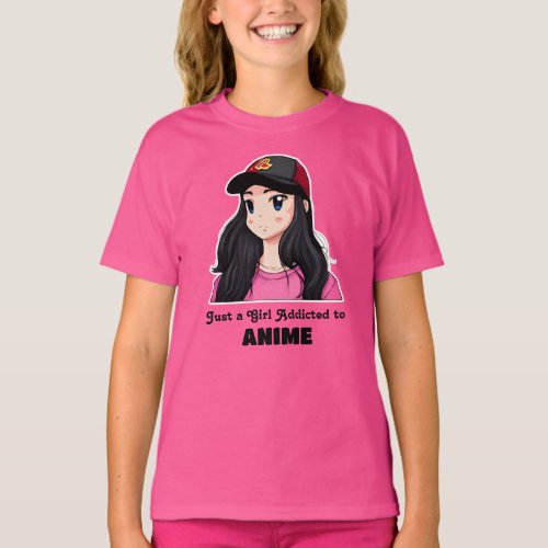 Just a Girl Addicted to Anime  Pink and Black T_S T_Shirt