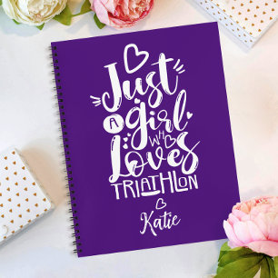 Just A Girl Triathlon Love Fun Purple White Script Notebook