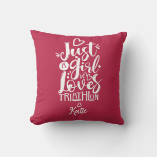 Just A Girl Triathlon White And Magenta Typography Throw Pillow