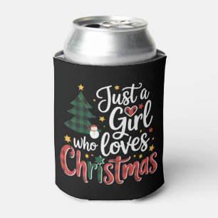Just A Girl Who Loves Christmas Plaid Tree Snowman Can Cooler
