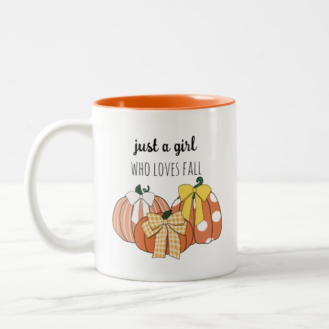 Just A Girl Who Loves Fall Leaves Pumpkins Bows Two-Tone Coffee Mug (Left)