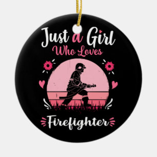 Just A Girl Who Loves Firefighter Pink Retro Vinta Ceramic Ornament