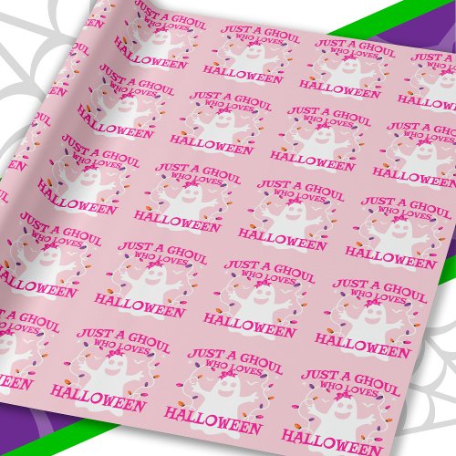 Just A Girl Who Loves Halloween Cute Pink Ghost Wrapping Paper