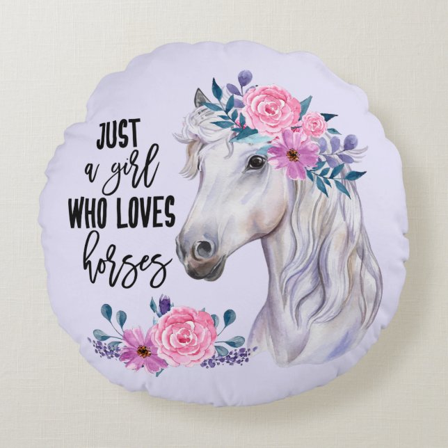 Just a Girl who Loves Horses - (Lavendar) Round Pillow (Front)