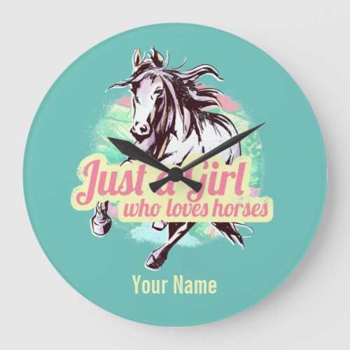 Just A Girl Who Loves Horses Watercolor Vintage Large Clock