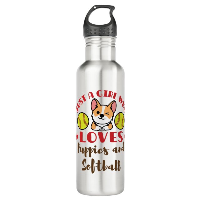 Just a Girl Who Loves Puppies and Softball Stainless Steel Water Bottle (Front)